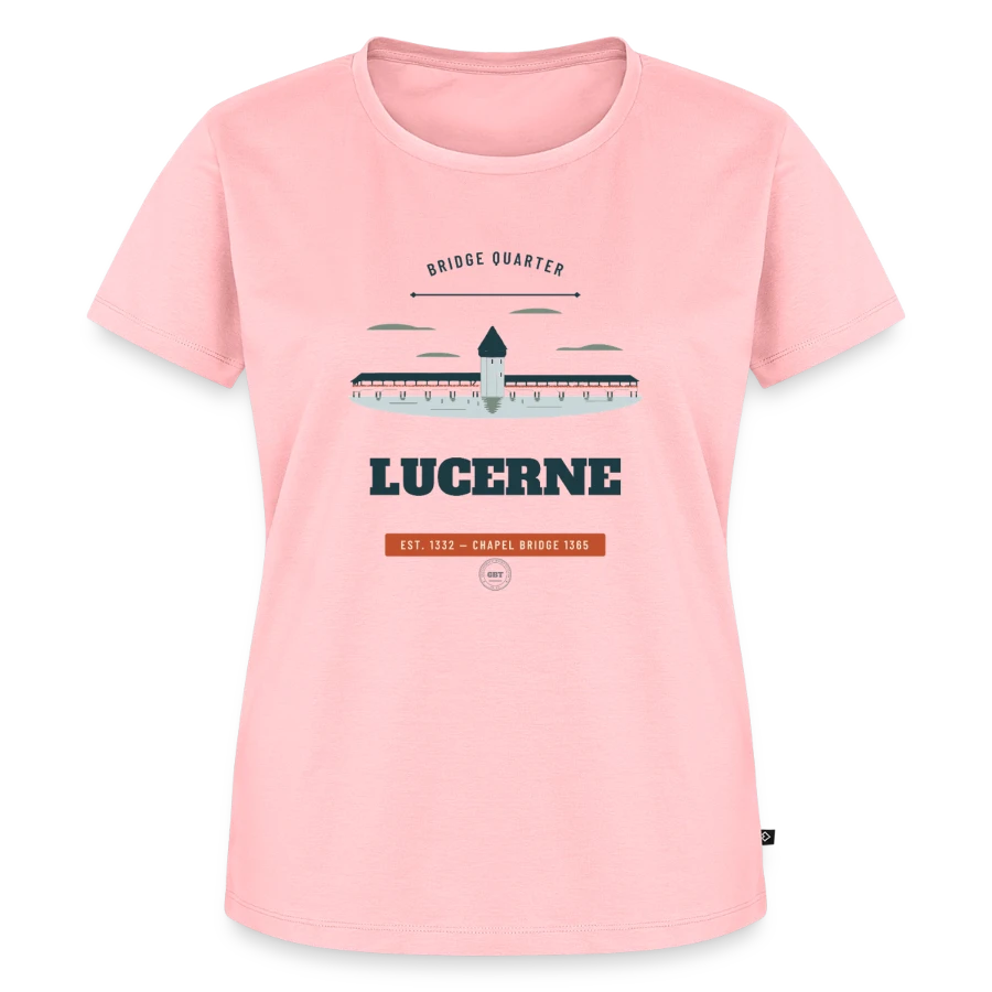 Lucerne badge on a women's premium organic t-shirt, rose
