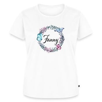 Fanny, Name, Schriftzug, Blumenkranz, Geschenk - Frauen Premium Bio T-Shirt - Weiß - Vorne - AI Model Female 172 dark (172cm)