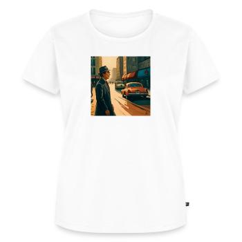 Mann überquert Straße - Frauen Premium Bio T-Shirt - Weiß - Vorne - AI Model Female 172 dark (172cm)