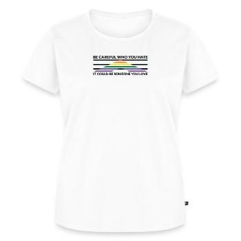 Attention Qui déteste - LGBTQ Straight Ally - T-shirt Premium bio Femme - blanc - Devant - AI Model Female 172 dark (172cm)