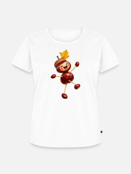 Fröhliche Kastanienfigur mit Eichelhut  - Frauen Premium Bio T-Shirt - Weiß