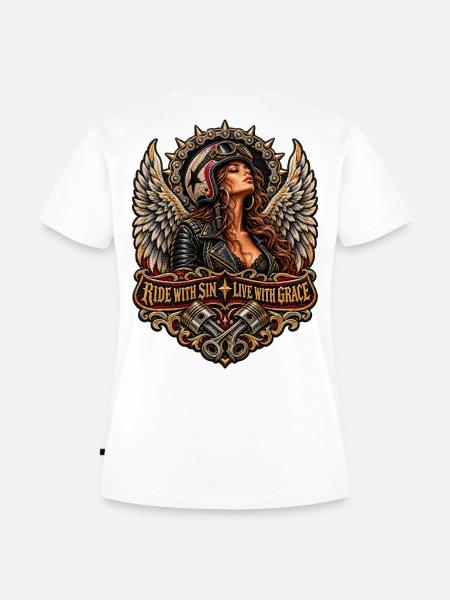 Flügelbikerin: Ride with Sin - Frauen Premium Bio T-Shirt - Weiß