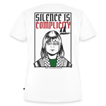 Schweigen ist Komplizenschaft, Freies Gaza, Freies Palästina - Frauen Premium Bio T-Shirt - Weiß - Hinten - AI Model Female 172 dark (172cm)
