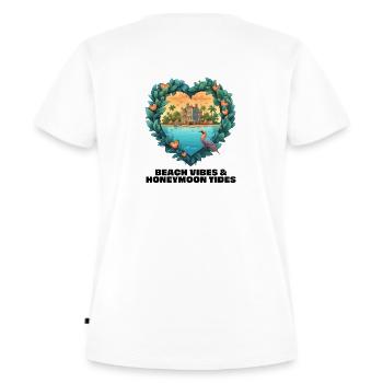 Strandstimmung & Flitterwochen-Gezeiten. - Frauen Premium Bio T-Shirt - Weiß - Hinten - AI Model Female 172 dark (172cm)
