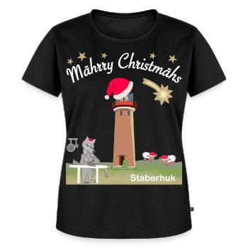 Weihnachten Leuchtturm Staberhuk Fehmarn, Wolf - Frauen Premium Bio T-Shirt - Schwarz - Vorne - Selfina (174cm)