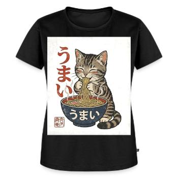 Kawaii Katze isst Ramen – Umai Japan Retro - Frauen Premium Bio T-Shirt - Schwarz - Vorne - Selfina (174cm)