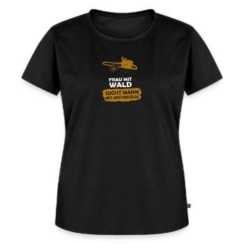 Frau mit Wald, sucht Mann mit Motorsäge - Frauen Premium Bio T-Shirt - Schwarz - Vorne - Selfina (174cm)