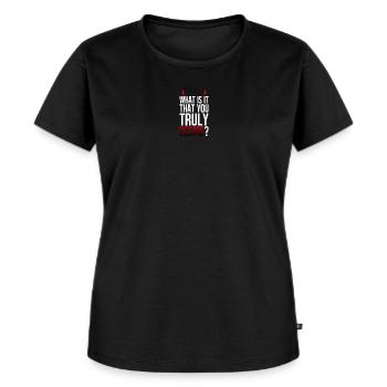 Truly Desire Frage-Tee - Frauen Premium Bio T-Shirt - Schwarz - Vorne - Selfina (174cm)