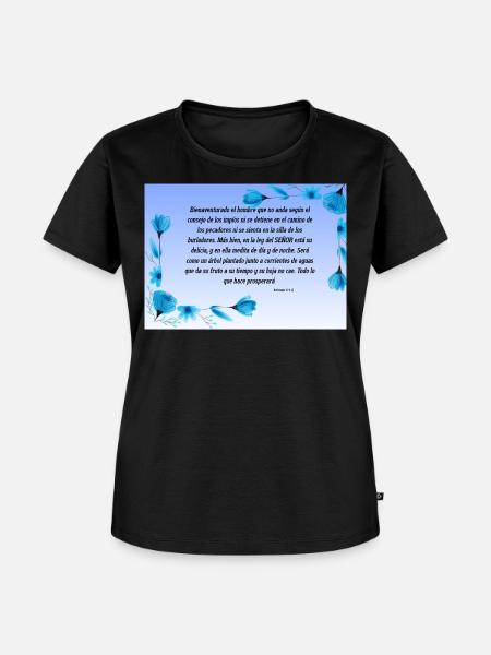 Beruhigender Bibelvers mit blauen Blumen - Frauen Premium Bio T-Shirt - Schwarz