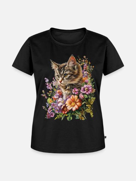 Katze Blumen - Frauen Premium Bio T-Shirt - Schwarz