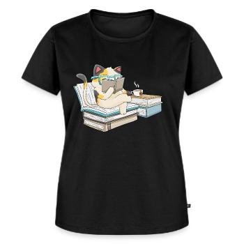 Kawaii Katzen Buch Cat Buch Books Buchliebhaber - Frauen Premium Bio T-Shirt - Schwarz - Vorne - Selfina (174cm)