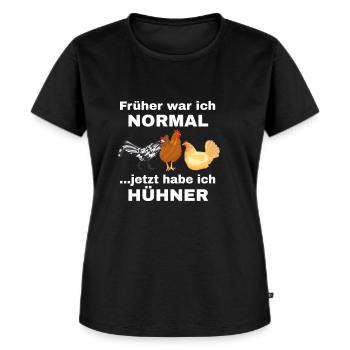 Früher war ich normal jetzt habe ich Hühner - Frauen Premium Bio T-Shirt - Schwarz - Vorne - Selfina (174cm)