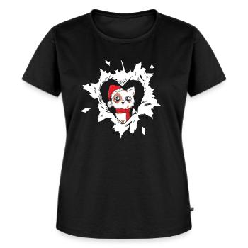 Cat with Christmas hat looks out of torn - Women's Premium Organic T-shirt - black - Front - Selfina (174cm)
