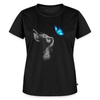Schwarze Katze mit blauem Schmetterling - Frauen Premium Bio T-Shirt - Schwarz - Vorne - Selfina (174cm)
