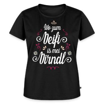 Wo zum Deifi is mei Dirndl? - Frauen Premium Bio T-Shirt - Schwarz - Vorne - Selfina (174cm)