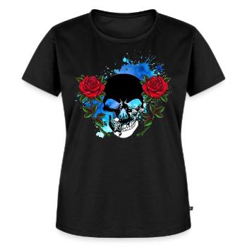 Totenkopf Skull Totenschädel Rosen Blumen Splash - Frauen Premium Bio T-Shirt - Schwarz - Vorne - Selfina (174cm)