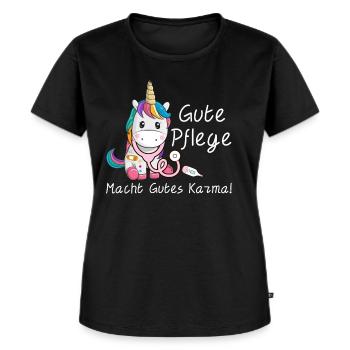 Gute Pflege macht gutes Karma Einhorn Pflegekräfte - Frauen Premium Bio T-Shirt - Schwarz - Vorne - Selfina (174cm)