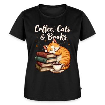 Kaffee, Katze, Buch, & Lesen, Kaffeeliebhaber - Frauen Premium Bio T-Shirt - Schwarz - Vorne - Selfina (174cm)