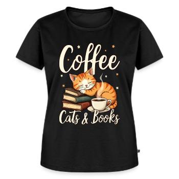 Kaffee, Katze, Buch, & Lesen, Kaffeeliebhaber - Frauen Premium Bio T-Shirt - Schwarz - Vorne - Selfina (174cm)