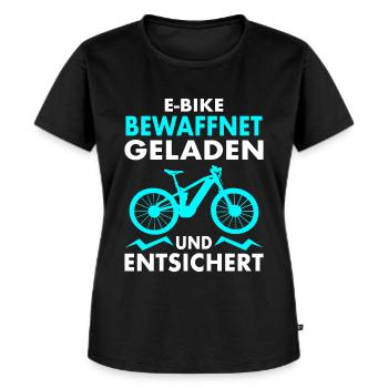 E-Bike Geladen und Entsichert - E-MTB Fahrrad - Frauen Premium Bio T-Shirt - Schwarz - Vorne - Selfina (174cm)