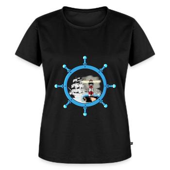 Steering Wheel Ghost Ship Lighthouse Maritime Coast - Women's Premium Organic T-shirt - black - Front - Selfina (174cm)