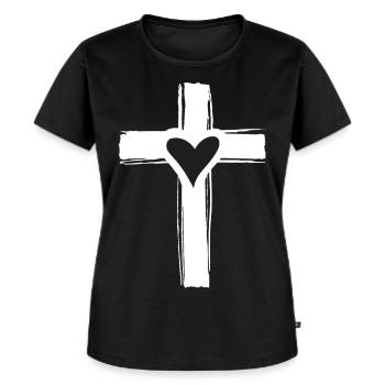 Weißes Kreuz mit einem Herzen darin - Frauen Premium Bio T-Shirt - Schwarz - Vorne - Selfina (174cm)