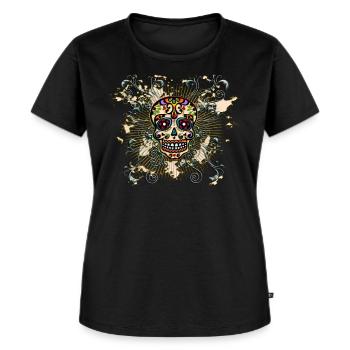 Sugar Skull, Totenkopf, Mexiko, Blumen, Schädel - Frauen Premium Bio T-Shirt - Schwarz - Vorne - Selfina (174cm)