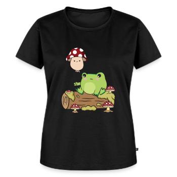 Cottagecore Kawaii Frosch Hält einen Pilz Ballon - Frauen Premium Bio T-Shirt - Schwarz - Vorne - Selfina (174cm)
