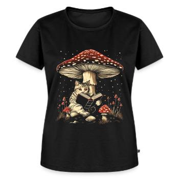 Cottagecore Ästhetische Katze Lesebuch Pilz Witchy - Frauen Premium Bio T-Shirt - Schwarz - Vorne - Selfina (174cm)