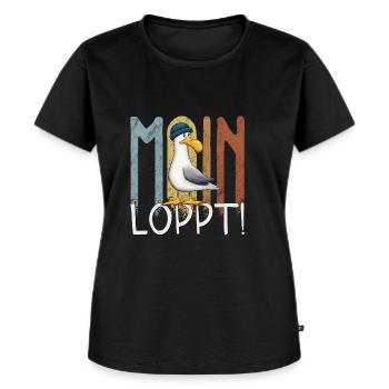 Moin Löppt Lässige Nordsee Ostsee Möwe mit Mütze - Frauen Premium Bio T-Shirt - Schwarz - Vorne - Selfina (174cm)