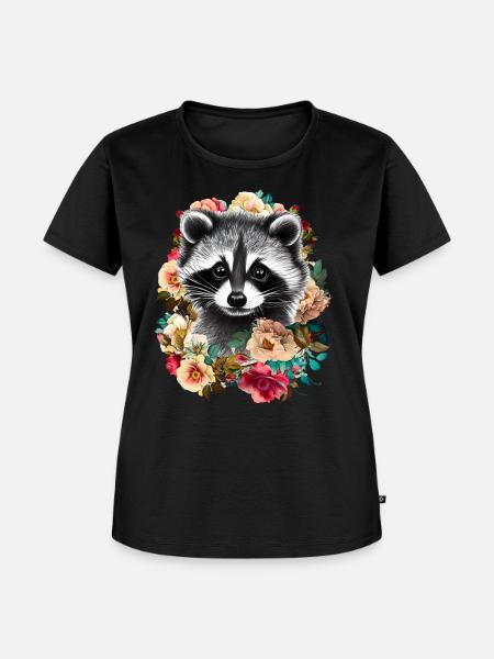 Waschbär Blumen - Frauen Premium Bio T-Shirt - Schwarz