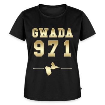 Gwada 971 Gold et Luxe Cadeau Guadeloupe - T-shirt Premium bio Femme - noir - Devant - Selfina (174cm)