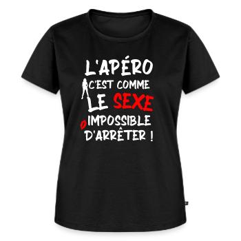 L' apéro c'est comme le sexe / Humour - T-shirt Premium bio Femme - noir - Devant - Selfina (174cm)