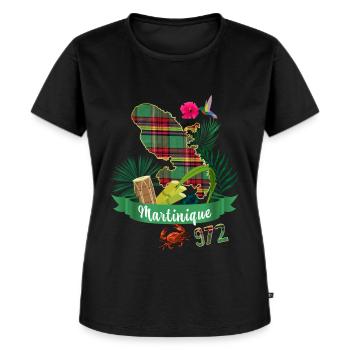 Carte Martinique Madras 972 Colibri Hibiscus - T-shirt Premium bio Femme - noir - Devant - Selfina (174cm)