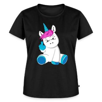 Einhorn Wütend Genervt Stinkefinger - Frauen Premium Bio T-Shirt - Schwarz - Vorne - Selfina (174cm)