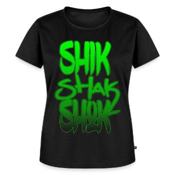 Shik Shak Shok grüne Buchstaben im Graffiti-Stil - Frauen Premium Bio T-Shirt - Schwarz - Vorne - Selfina (174cm)