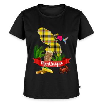 Martinique Madras hibiscus colibri cadeau voyage - T-shirt Premium bio Femme - noir - Devant - Selfina (174cm)