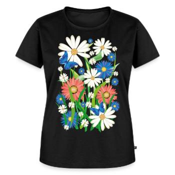 24 Blumen Schmetterlinge Sommer Wiese - Frauen Premium Bio T-Shirt - Schwarz - Vorne - Selfina (174cm)