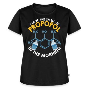 J’adore l’odeur du propofol le matin - T-shirt Premium bio Femme - noir - Devant - Selfina (174cm)