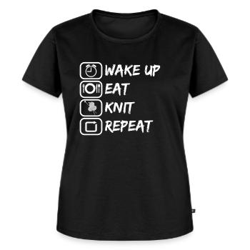 Wake up eat knit repeat stricken als Hobby - Frauen Premium Bio T-Shirt - Schwarz - Vorne - Selfina (174cm)