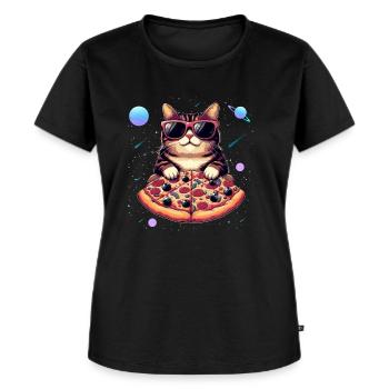 coole Weltraum Katze mit Sonnenbrille - Frauen Premium Bio T-Shirt - Schwarz - Vorne - Selfina (174cm)