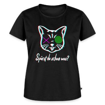 Lustige Psychedelische Katze im Urlaub auf Keta - Frauen Premium Bio T-Shirt - Schwarz - Vorne - Selfina (174cm)