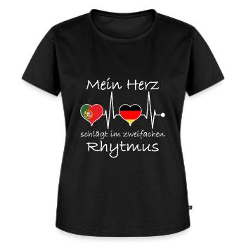 Portugal Deutschland Flagge Herzschlag - Frauen Premium Bio T-Shirt - Schwarz - Vorne - Selfina (174cm)