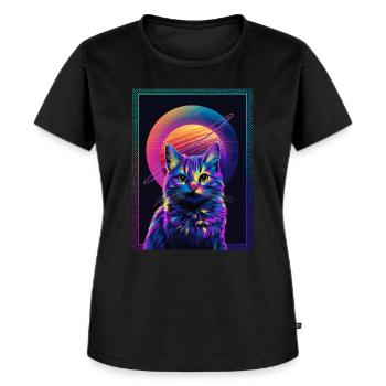Tierkunst Planet Fantasy Artwork Katze Vor Saturn - Frauen Premium Bio T-Shirt - Schwarz - Vorne - Selfina (174cm)