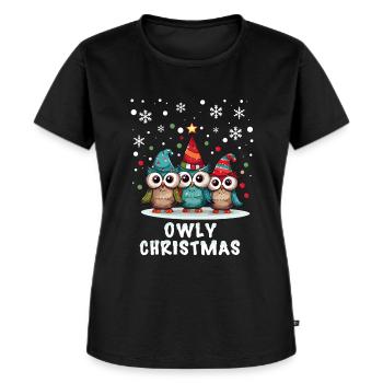 Niedliche Schnee Eulen wünschen Frohe Weihnachten - Frauen Premium Bio T-Shirt - Schwarz - Vorne - Selfina (174cm)