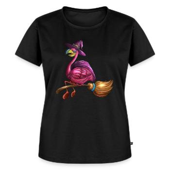 Rosa Hexen Flamingo Halloween Vogel Besen Kostüm - Frauen Premium Bio T-Shirt - Schwarz - Vorne - Selfina (174cm)