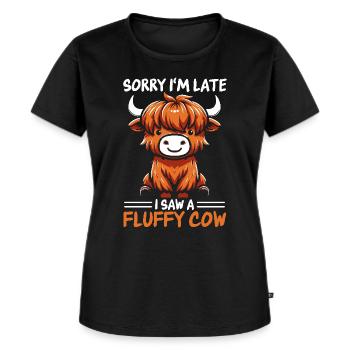 Tut mir leid, ich bin spät dran, ich habe eine flauschige Kuh gesehen, süße Hochlandkuh - Frauen Premium Bio T-Shirt - Schwarz - Vorne - Selfina (174cm)