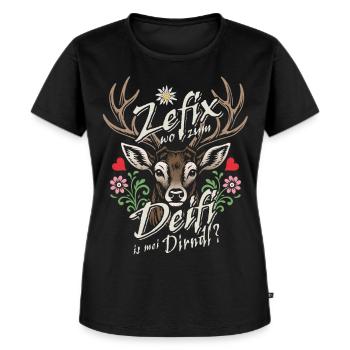 Zefix wo zum Deifi is mei Dirndl? Tracht & Gaudi - Frauen Premium Bio T-Shirt - Schwarz - Vorne - Selfina (174cm)