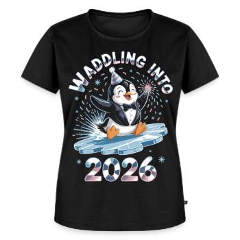 Pinguin Neujahrsshirt 2026 – Perfekt zu Silvester - Frauen Premium Bio T-Shirt - Schwarz - Vorne - Selfina (174cm)