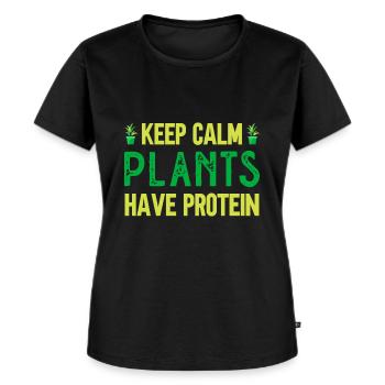 Vegan Keep Calm planten hebben eiwitten - Vrouwen Premium Bio T-shirt - zwart - Voor - Selfina (174cm)